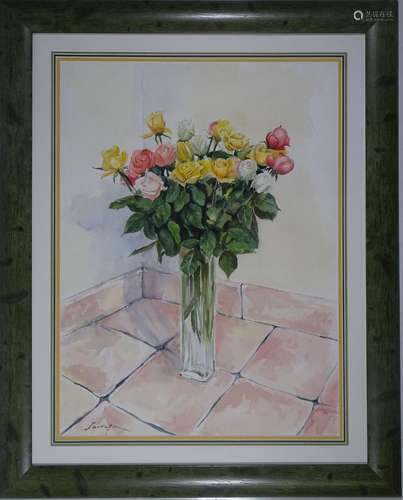 SARRAZIN Vase de rose, aquarelle signée en bas à gauche.<br ...