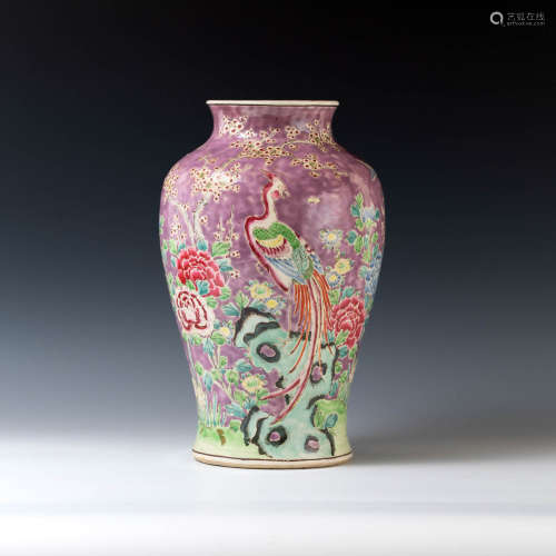 A Chinese pink ground famille rose phoenix vase  19th centur...