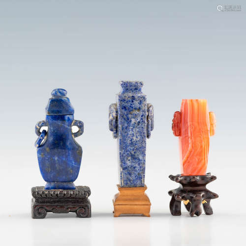 A group of three Chinese lapis and agate miniature vases  19...