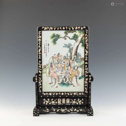 A Chinese famille rose porcelain table screen by Luo Binrong...