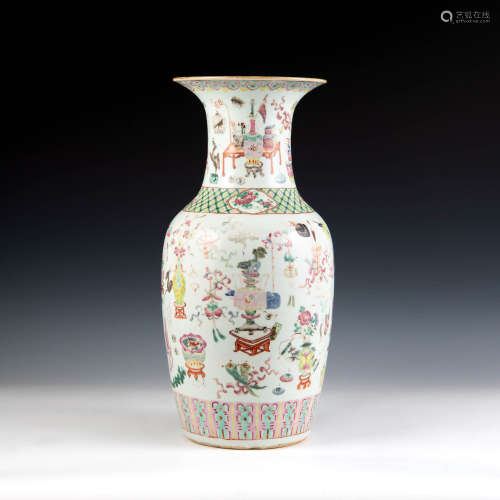 A Chinese famille rose vase with scholar's items  19th centu...
