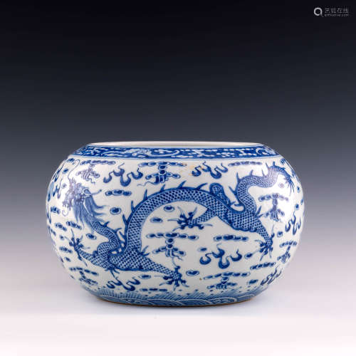 A Chinese blue and white dragon brush washer  Republic perio...