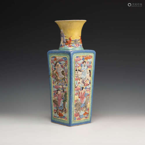 A Chinese yellow-ground famille rose square vase  19th centu...