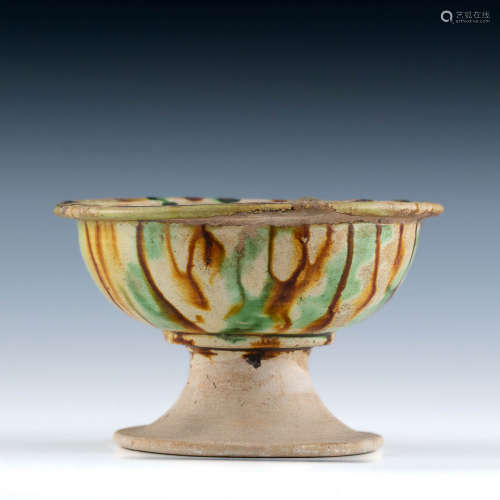 A Chinese sancai-glazed stem cup  Tang dynasty 唐代 三彩高足...