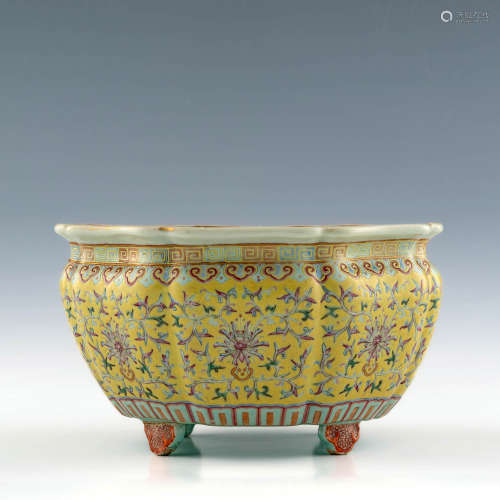 A Chinese yellow ground famille rose lobed planter  Qing Dyn...