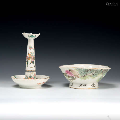 A Chinese famille rose fruit bowl and an oil lamp late 19th ...