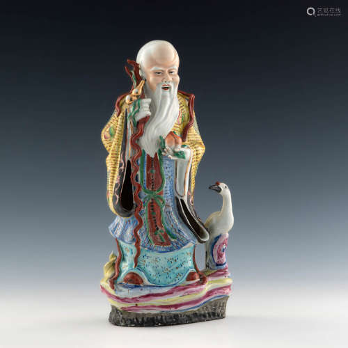 A Chinese famille rose statuette of Shou with a crane  Repub...