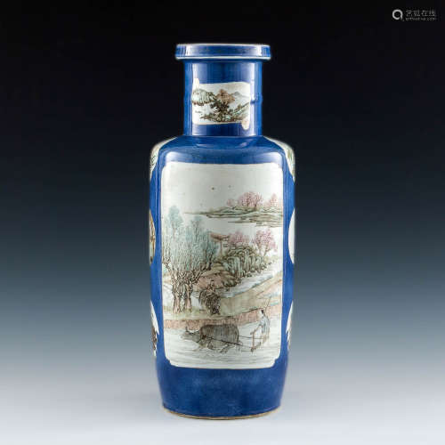 A Chinese powder blue rouleau vase  19th century 十九世紀 灑...