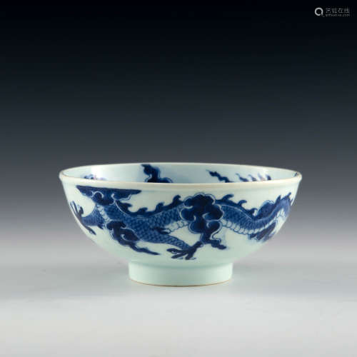 A Chinese blue and white bowl featuring a dragon  Yongzheng ...