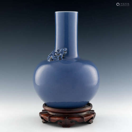 A Chinese blue-glazed tianqiu vase with chilong  Republic pe...