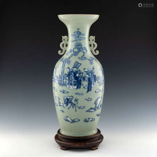 A Chinese celadon ground blue and white glazed vase  Early 1...