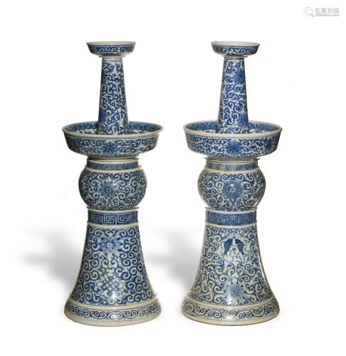A pair of Chinese blue and white porcelain candle holders  E...