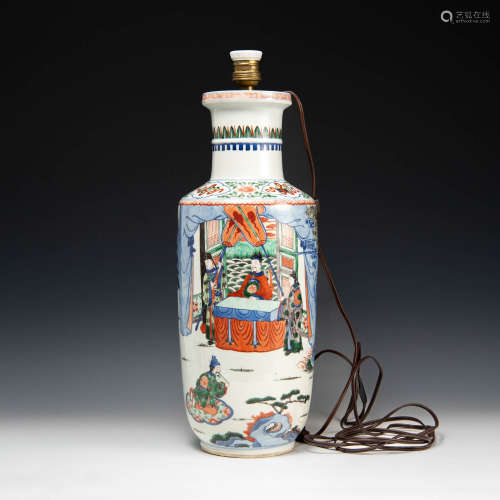 A Chinese wucai rouleau vase converted into lamp  Late 19th ...