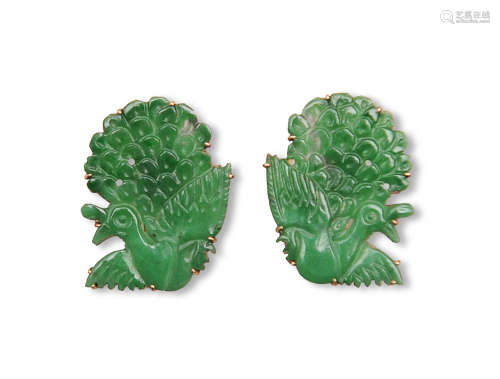 A pair of Chinese jadeite peacock earrings   翡翠雕鵲梅耳環一...