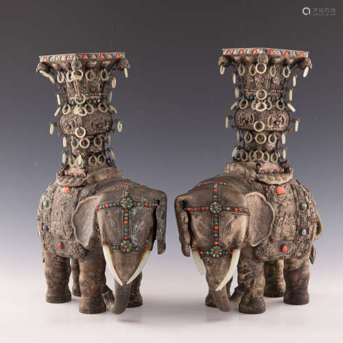 A pair of Mongolian gilt silver elephants  Republic period 民...
