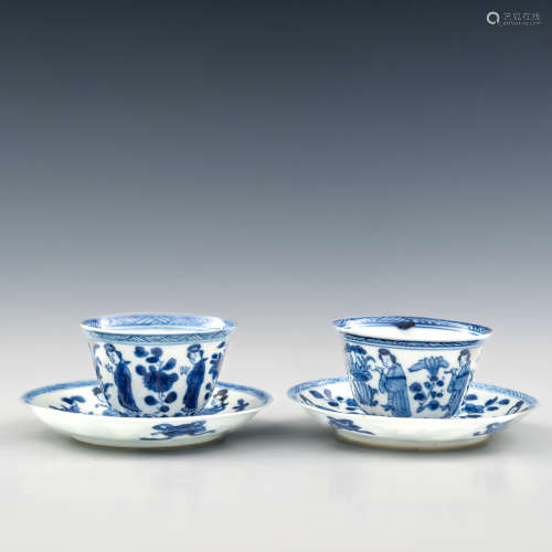 A pair of Chinese blue and white porcelain cups and saucers ...