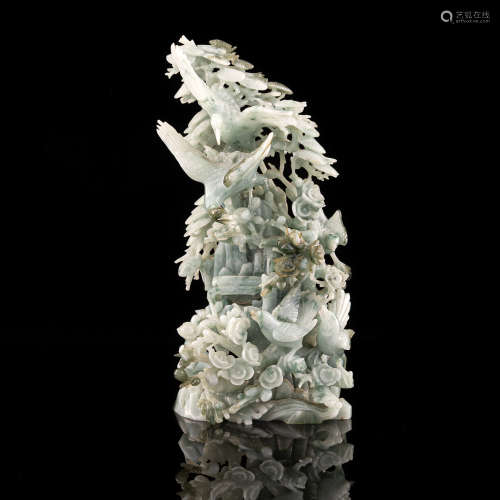 A Chinese jadeite boulder carved with birds and flowers  Mid...