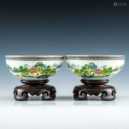A pair of Chinese famille rose landscape bowls  Republic per...