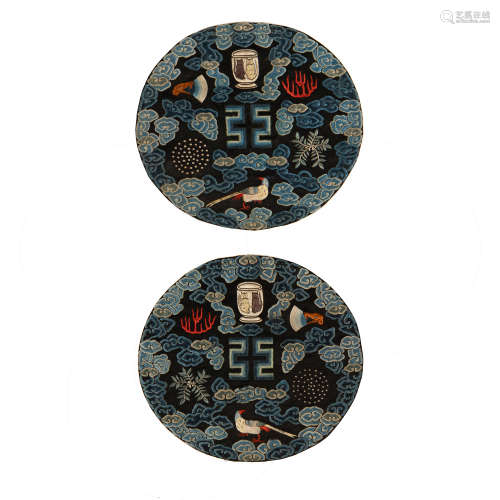 A pair of Chinese black ground round panels  Early 19th cent...