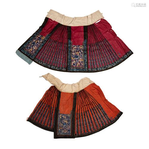 Two Chinese red skirts  19th century十九世紀 紅地刺繡馬面裙兩...