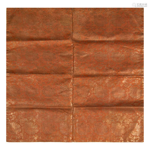 A Chinese orange ground silk panel  18th century十八世紀 杏黃...