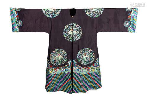 A Chinese azure ground embroidered crane emblem robe, Ji Fu ...