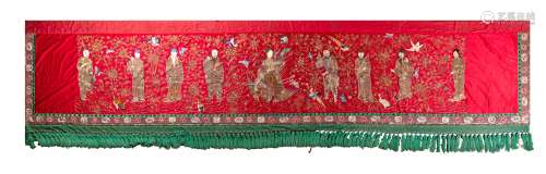A Chinese red ground thread curtain  19th century十九世紀 紅...