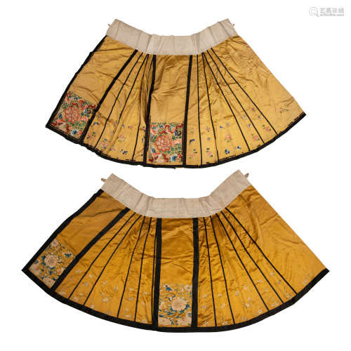Two Chinese yellow skirts  19th century十九世紀 明黃地刺繡馬...