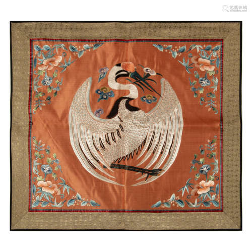 A Chinese silk roundel  19th century十九世紀 杏黃地刺繡團鶴繡...