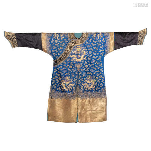 A Chinese blue ground gold thread dragon robe  19th century十...