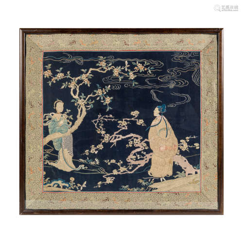 A Chinese blue ground silk panel  19th century十九世紀 石青地...