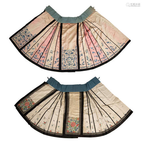 Two Chinese skirts  19th century十九世紀 茶色地刺繡馬面裙兩條