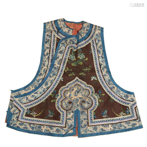 A Chinese brown ground silk vest  19th century十九世紀 茶色地...