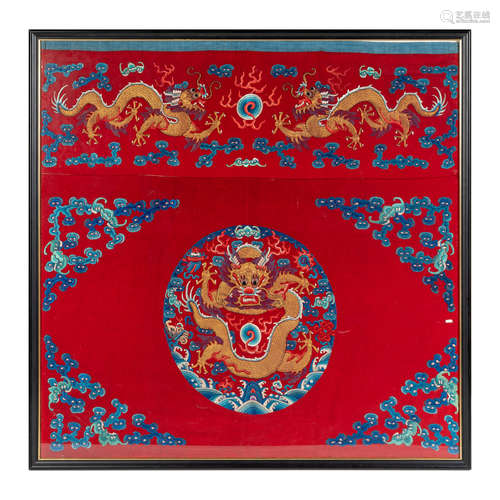 A Chinese embroidered table cloth  19th century十九世紀 紅地...