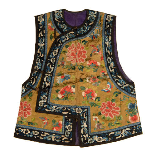 A Chinese yellow ground vest  19th century十九世紀 黃地刺繡花...