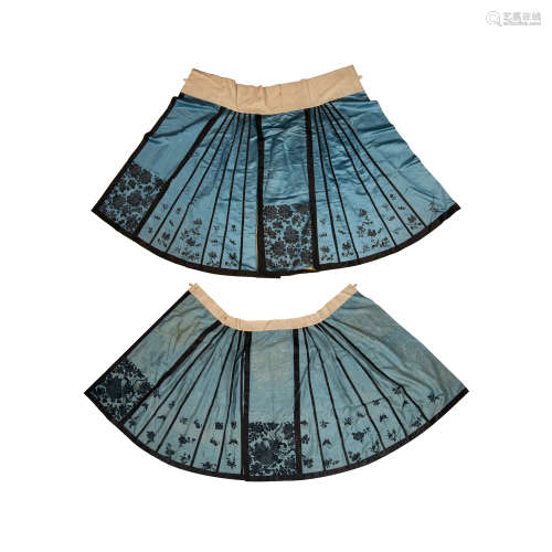 Two Chinese blue skirts  19th century十九世紀 藍地織錦馬面裙...
