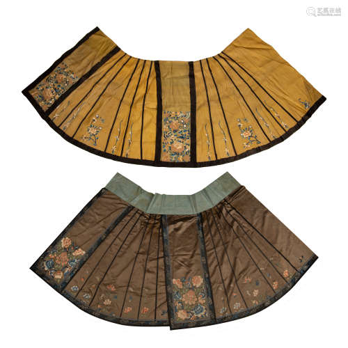 Two Chinese skirts  19th century十九世紀 明黃地及茶色地刺繡馬...