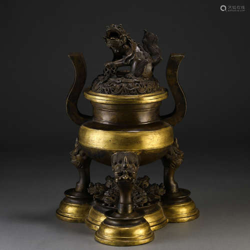 A Chinese Bronze Partly Gilt Incense Burner