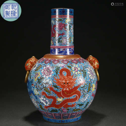 A Chinese Famille Rose Dragon Bottle Vase