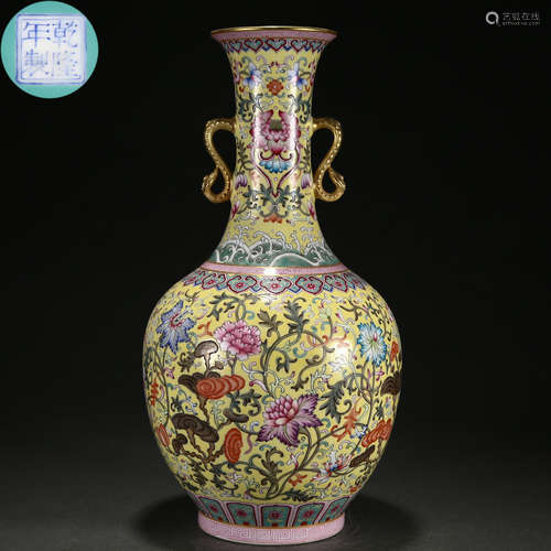 A Chinese Yellow Ground and Famille Rose Floral Scrolls Vase