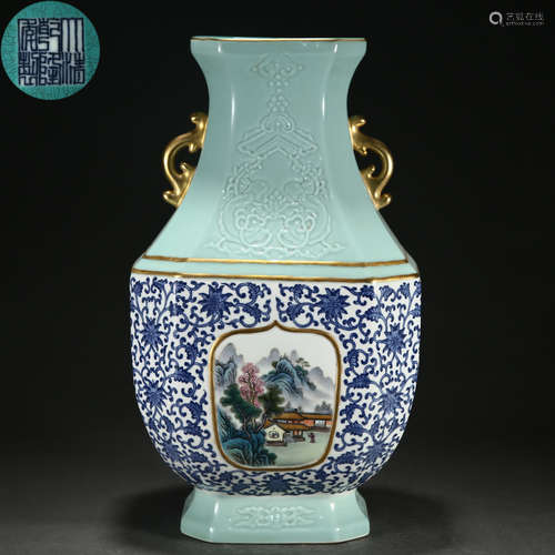 A Chinese Celadon Glaze and Famille Rose Vase