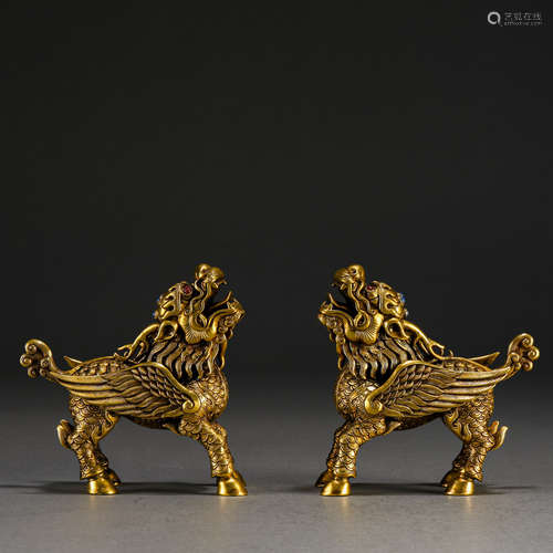 Pair Chinese Bronze-gilt Beasts