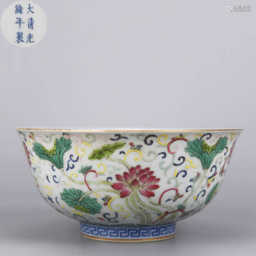 A Famille Rose Lotus Pond Bowl Qing Dynasty
