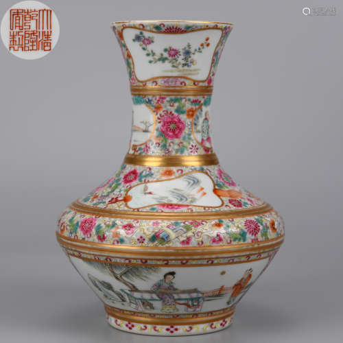 A Famille Rose and Gilt Figural Story Vase Qing Dynasty
