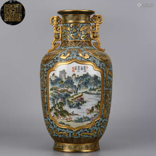 A Famille Rose and Gilt Landscape Vase Qing Dynasty