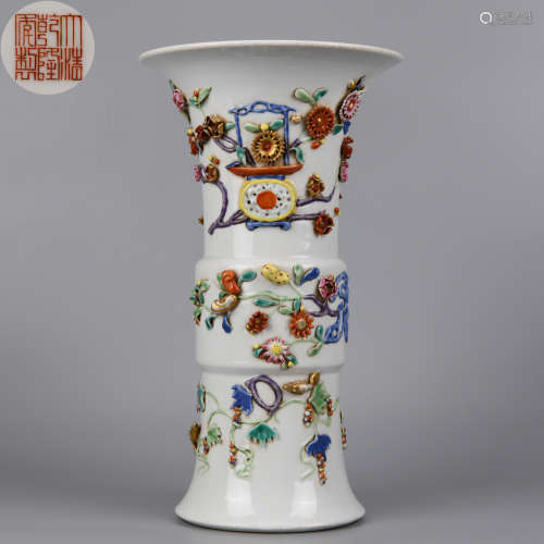 A Famille Rose and Gilt Beaker Vase Gu Qing Dynasty