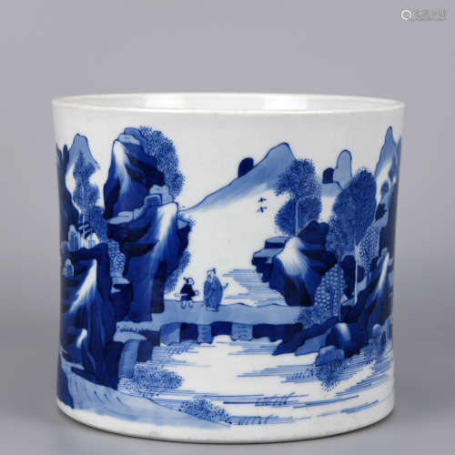 A Blue and White Landscape Brushpot Qing Dynasty