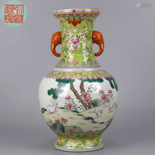 A Famille Rose Three Rams Vase Qing Dynasty