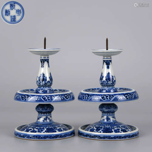 Pair Blue and White Candlestickes Qing Dynasty