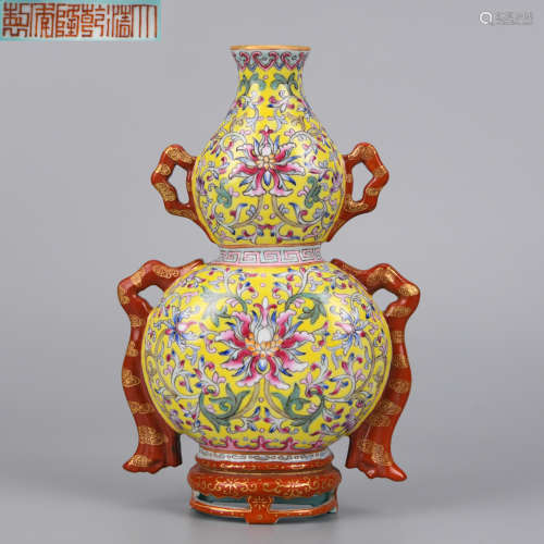 A Famille Rose and Gilt Wall Vase Qing Dynasty